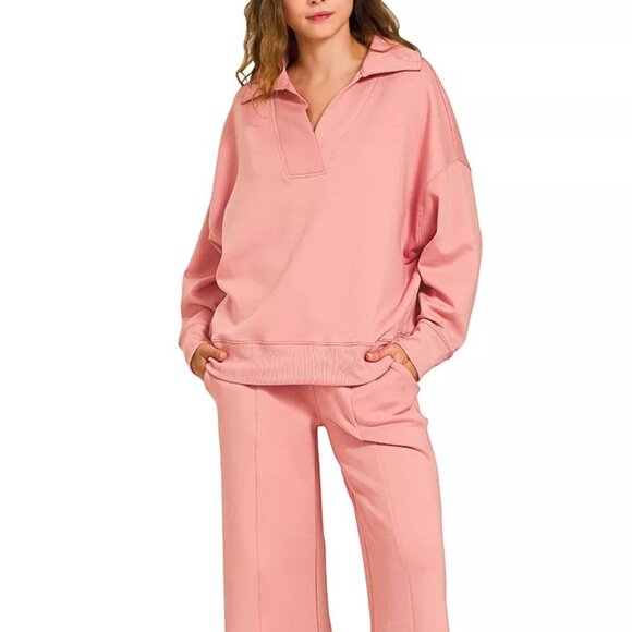 Zenana Scuba Collared Pullover and Pants Set - Picture 1 of 3